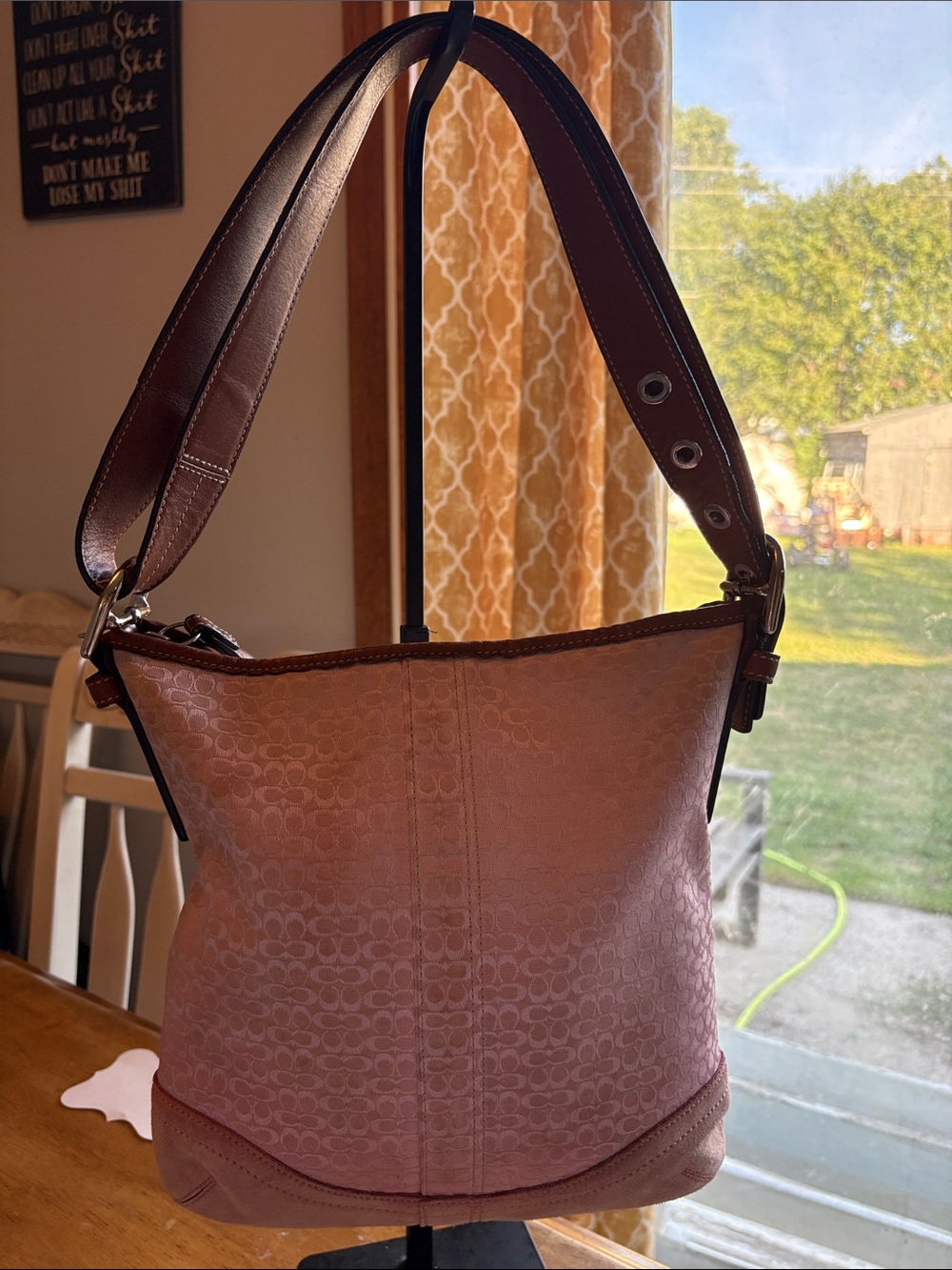 Coach Pink Micro C Signature Shoulder Hobo with convertible Brown Strap